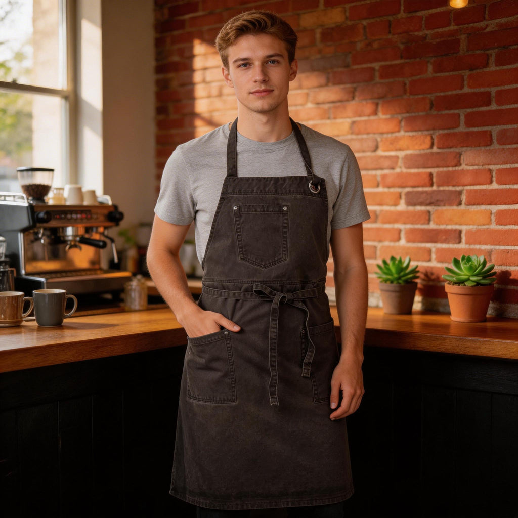 Antique Washed Bib Apron – Custom Printing/Embroidery for Baristas & Café Staff