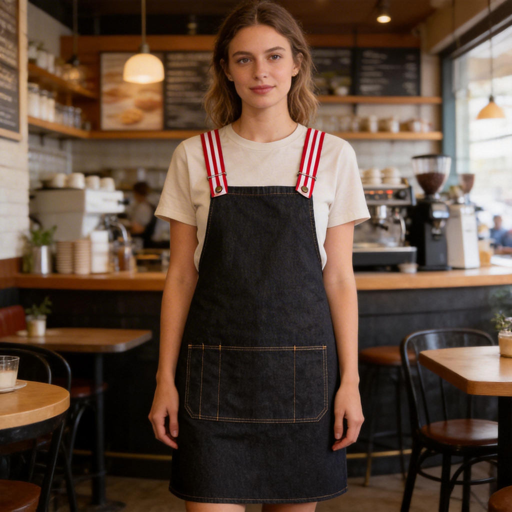 Denim Cross-Back Bib Apron – Custom Printing for Baristas & Café Staff