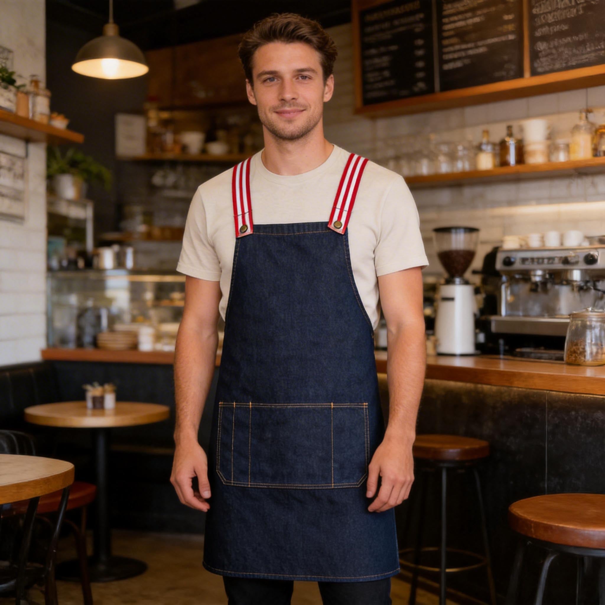 Denim Cross-Back Bib Apron – Custom Printing for Baristas & Café Staff