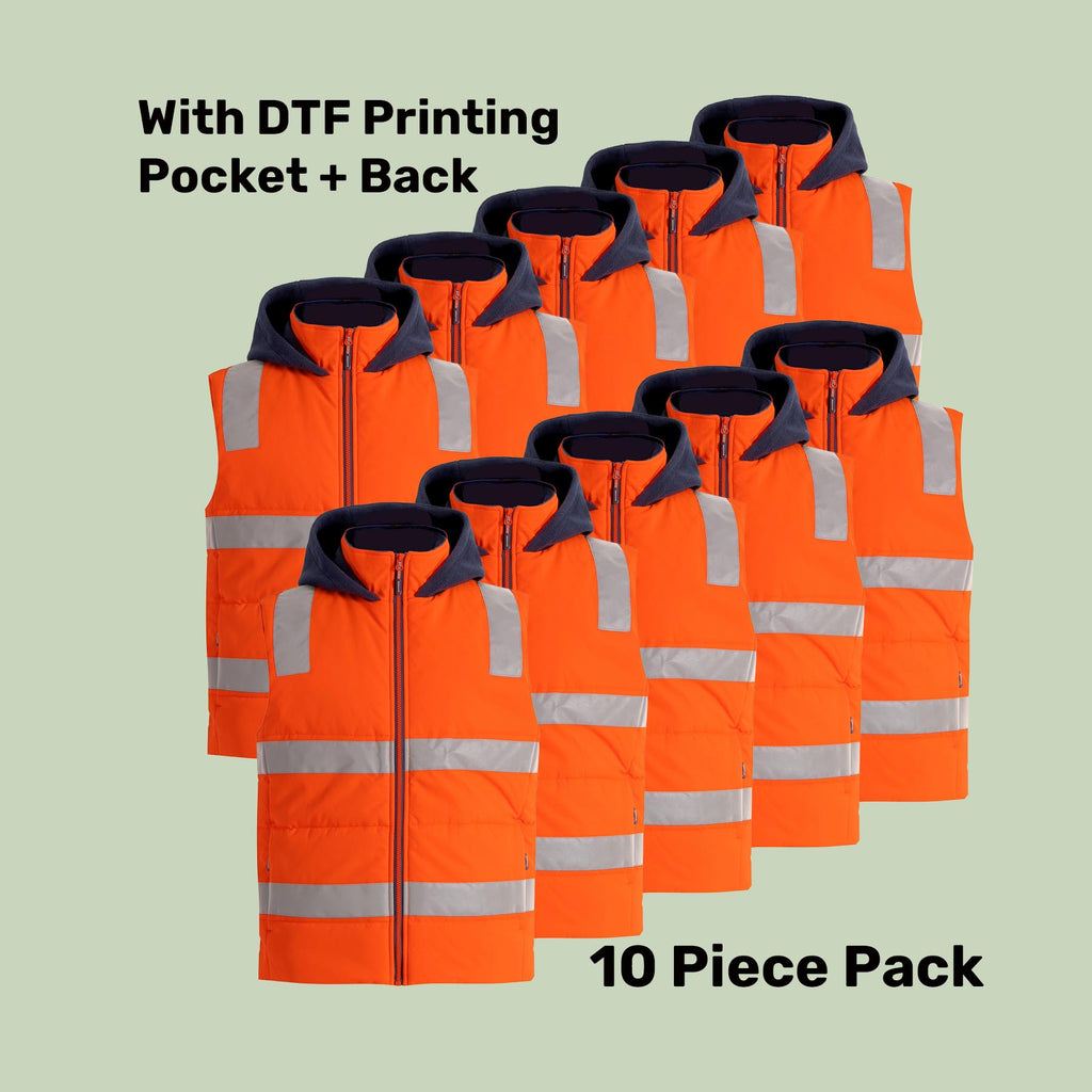 Hi-Vis Hooded Puffer Vest Pack (5 or 10) – Special Offer | Water Repellent Class D/N Workwear with Custom Printing