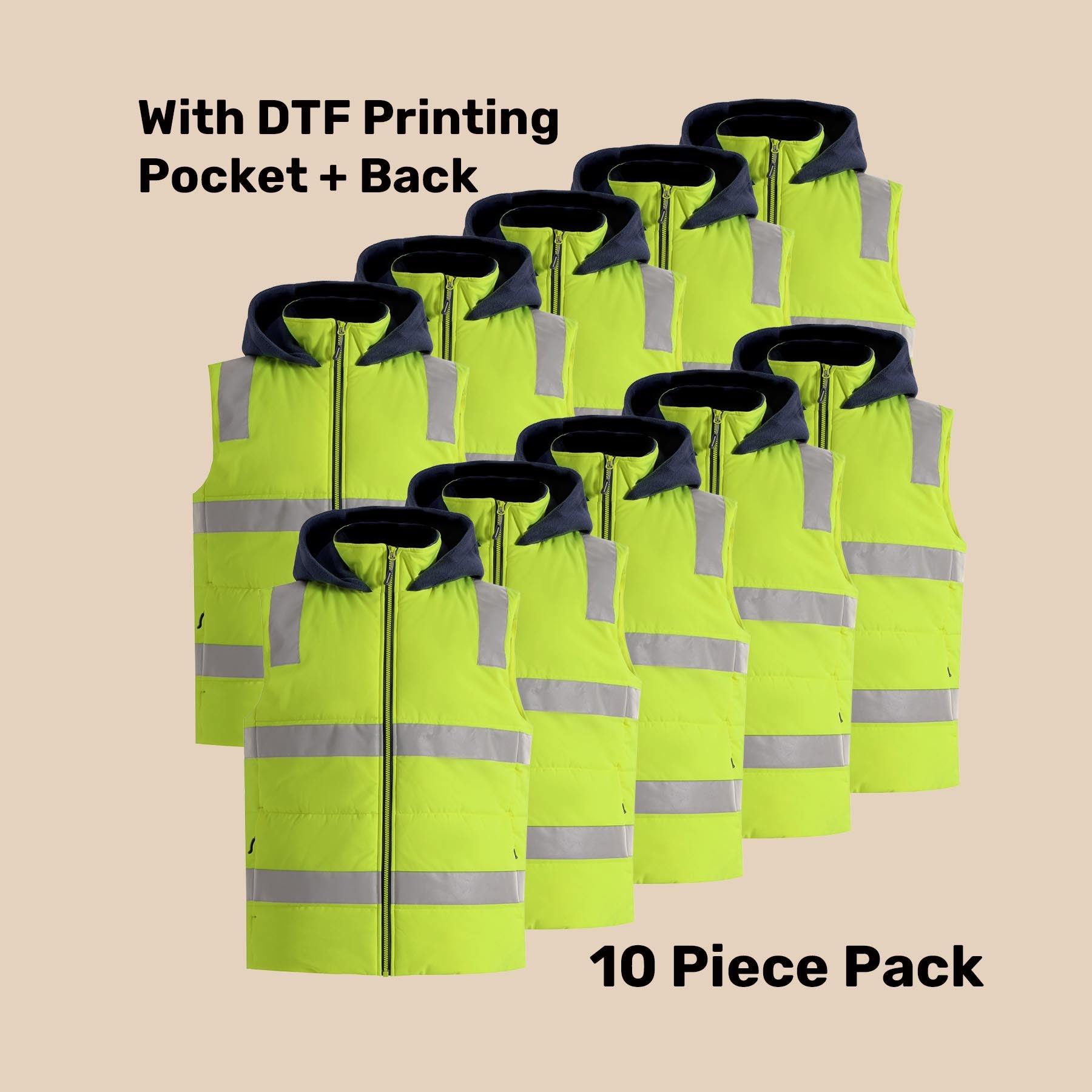 Hi-Vis Hooded Puffer Vest Pack (5 or 10) – Special Offer | Water Repellent Class D/N Workwear with Custom Printing