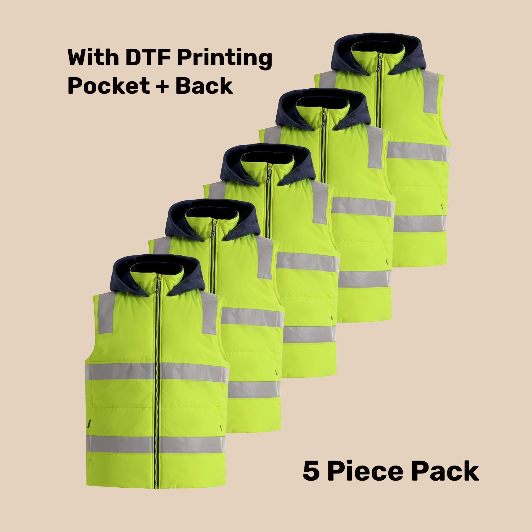 Hi-Vis Hooded Puffer Vest Pack (5 or 10) – Special Offer | Water Repellent Class D/N Workwear with Custom Printing